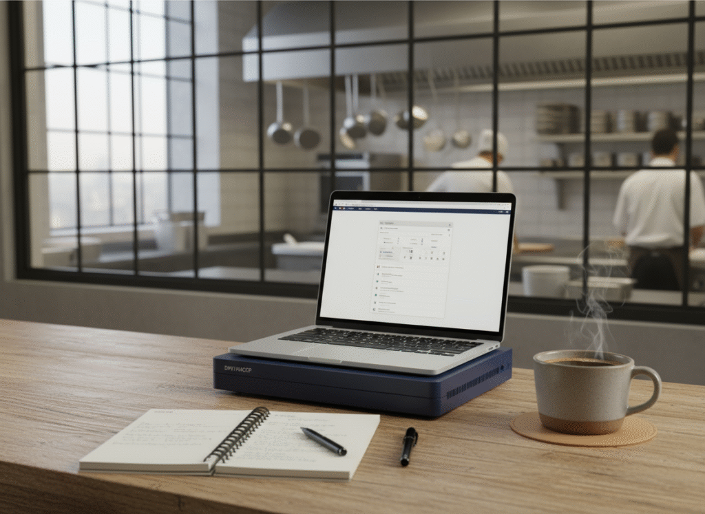 Firefly_Gemini Flash_Soggetto- Una scrivania ordinata con un laptop aperto su un DVR-HACCP, un caffè fuman 666784